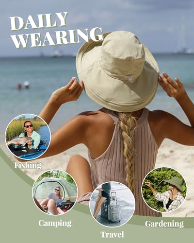 Hatiis Womens Sun Hat with Ponytail Hole Cotton Shapeable Wide Brim - color: Beige