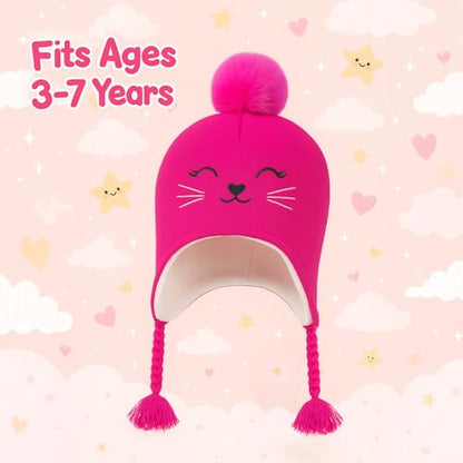 Toddler Girls Cat Ear Winter Hat Warm Knit Beanie Kids Earflap Cap for Cold Weather - color: Z - Pompom Style Hot Pink