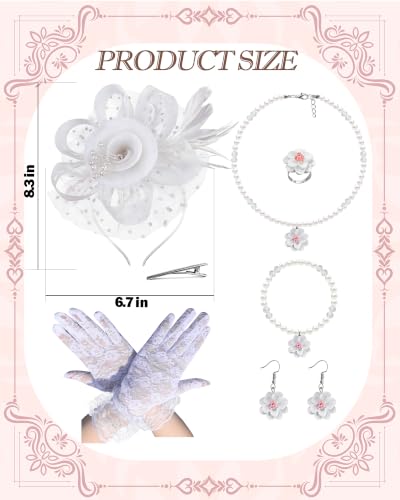 Girls Tea Party Fascinators Hats Girls Church Hats 20s 50s Pillbox Hat Cocktail Mesh Flower Pearl Feather Headband - color: White