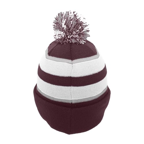 Pacific Headwear Unisex Adult Pacific Headwear Knit Fold Over Pom-pom Beanie - color: Maroon/White/Silver, size: One Size