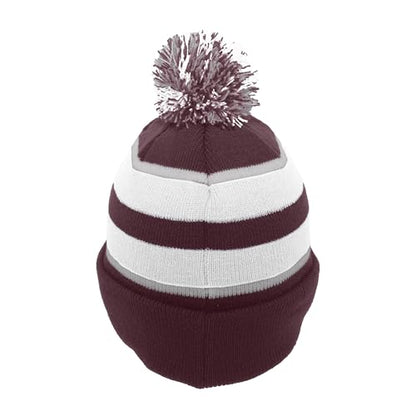 Pacific Headwear Unisex Adult Pacific Headwear Knit Fold Over Pom-pom Beanie - color: Maroon/White/Silver, size: One Size