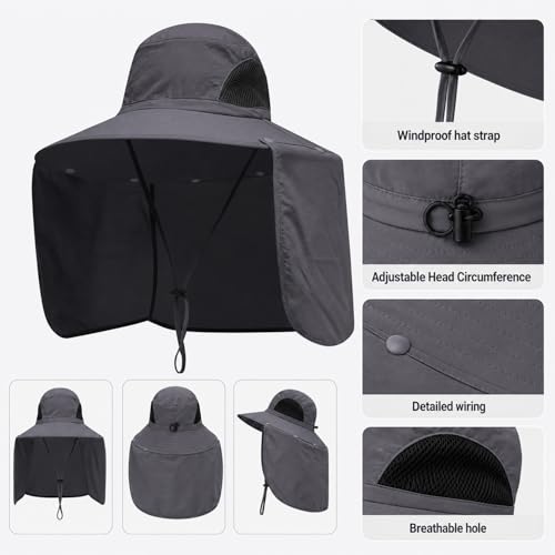 HUAMULAN Women Men Wide Brim Sun Hat Hiking Fishing Hats with Neck Flap - color: Yq005-darkgray