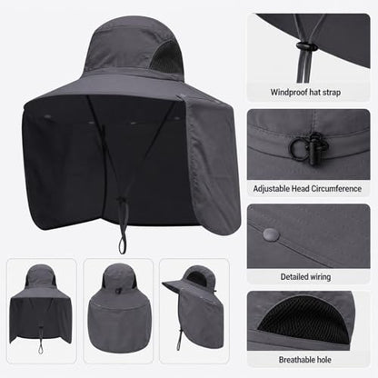 HUAMULAN Women Men Wide Brim Sun Hat Hiking Fishing Hats with Neck Flap - color: Yq005-darkgray