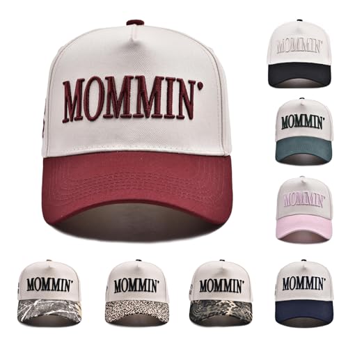 Women’s Mommin Trucker Hat – Vintage Two-Tone Ponytail Baseball Cap, Embroidered Adjustable Hat, Great Gift for Mom & Women - color: Dark Red