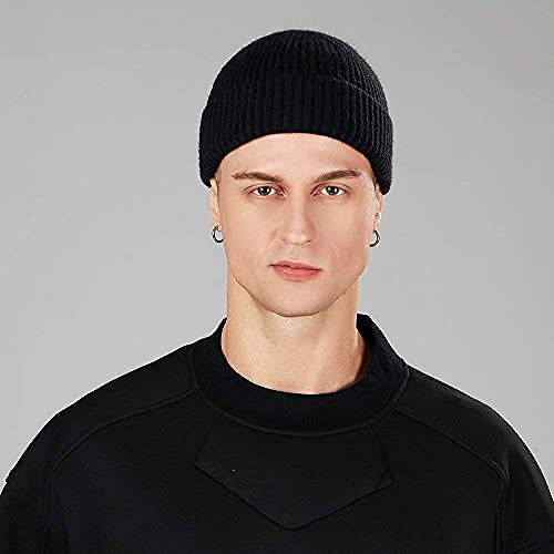 ROYBENS Swag Wool Knit Cuff Short Fisherman Beanie for Men Women Winter Hat - color: 1pcs-black