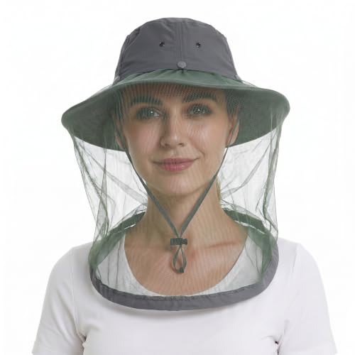 Mosquito Bug Net Hat for Women Men, Garden Sun Hats with Netting, Safari Cap Bucket Boonie Hats for Beekeeping Fishing Hiking - color: Grey