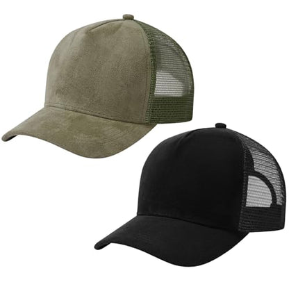 Suede Curved Brim Trucker Cap Adjustable Snapback Hat Mesh Back Breathable for Men Women 2 Pack SH03 - color: Pack of 2, Olive Green & Black