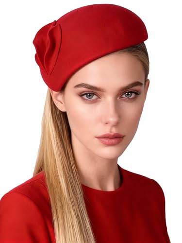 HIMESPORT Wool Felt Fascinator Hats for Women Ladies Female Wedding Cocktail Tea Party Dress Pillbox Hat - color: Red 2