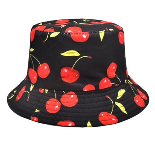 Printed Bucket Hat - Reversible Packable Summer Travel Beach Sun Cap for Men Women Teens - color: Black Red Cherry