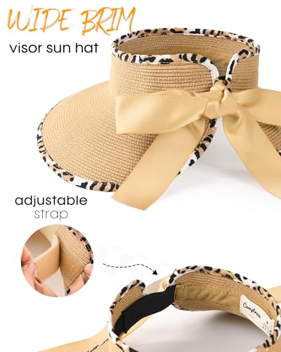 Camptrace Women's Straw Sun Visor Hat UPF Wide Shade Ponytail Summer Hat - color: Leopard Print