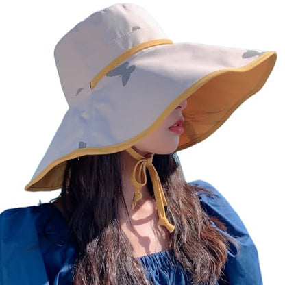 HUAMULAN Women Summer Vacation Wide Brim Sun Hat Reversible Fishing Hats - color: Beige Yellow With Butterfly