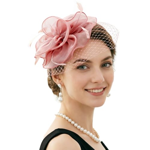 DRESHOW Fascinators Hat Feather Headband Women's Fascinators Tea Party Headwear with Clip Flower Head Band for Girls & Women - color: 8.2" Veil / Light Pink