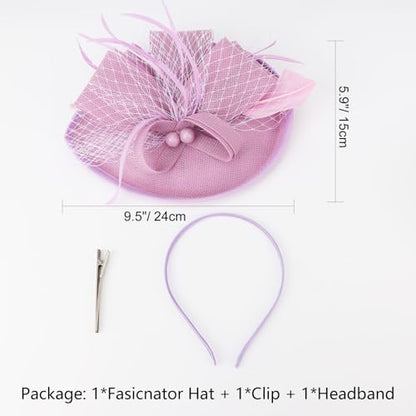 AQOKKA Women Fascinators Hats Flower Mesh Feathers Headband Clip - color: 1 Pc Feather Fascinators : Light Purple