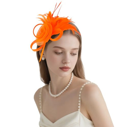 AMCAMI Fascinators Hats with Feather for Women 2026 Derby Hats Small Tea Party Hat with Headband - color: Orange