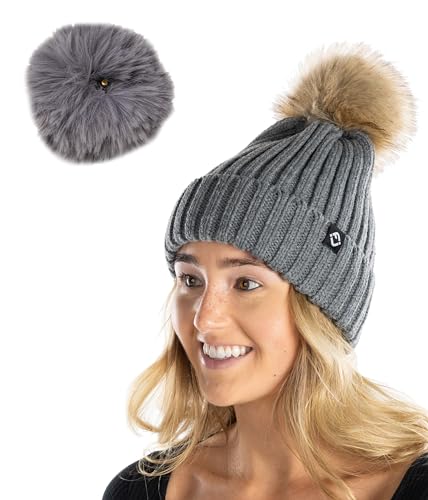 Funky Junque Women’s Winter Detachable Pom Beanie – Warm Knit Hat with Removable Faux Fur Pom, Soft Stretch Acrylic Cozy Cap - color: Charcoal