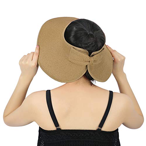 HDE Sun Visor for Women Roll Up Packable Ponytail Beach Sun Hat with Bow - color: Brown