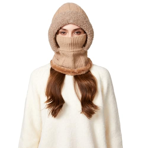 HUAMULAN Women Cable Knit Balaclavas Winter Fleece Lined Beanie Hat - color: Solid Khaki