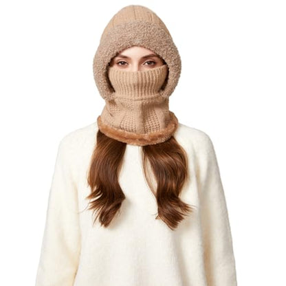HUAMULAN Women Cable Knit Balaclavas Winter Fleece Lined Beanie Hat - color: Solid Khaki