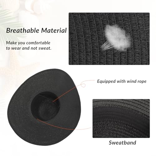 Oweisong Sun Beach Hats for Women Trendy Summer Vacation Straw Hat Boho Bow Wide Brim Packable Hat - color: Black