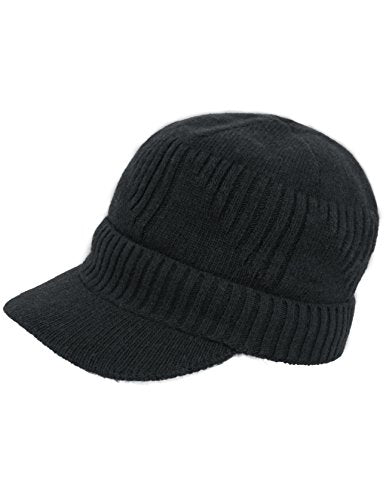 Dahlia Men's Beanie with Visor - Wool, Winter Hat w/Brim, Fleece Lined - color: Ribbed: Black
