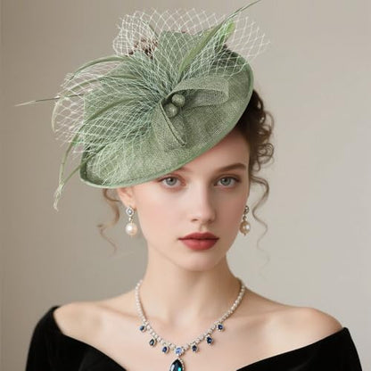 AQOKKA Women Fascinators Hats Flower Mesh Feathers Headband Clip - color: 1 Pc Church Fascinators : Light Green