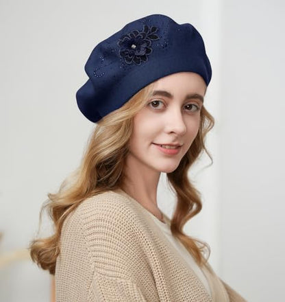 Flower Embroidery Beret Hat for Women, French Style Knitted Beret Hats, Stylish Solid Color Beret Cap for Women Girls Lady - color: Navy Blue
