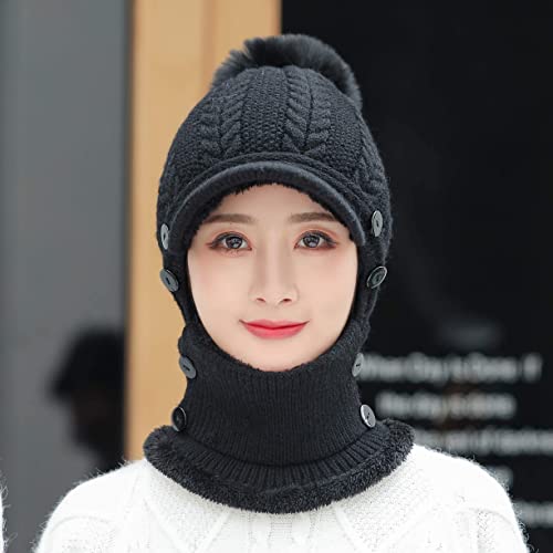 HUAMULAN Women Cable Knit Balaclavas Winter Fleece Lined Beanie Hat - color: Black With Pompom