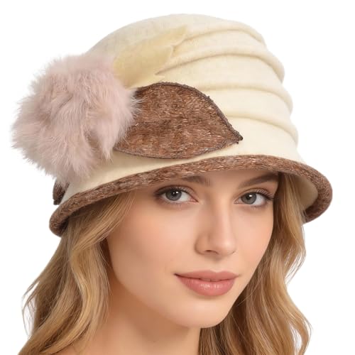 Women's Wool Dress Church Cloche Hat Bucket Winter Floral Hat - color: Cream