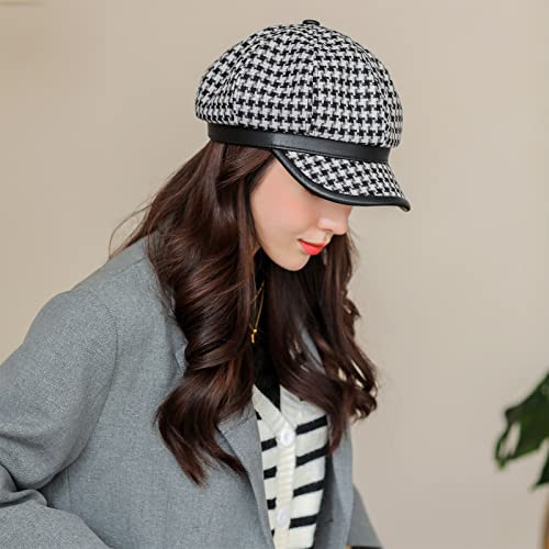 Womens Newsboy Cap French Fashion Hats Summer Cabbie Baker Boy Hat for Fall Beret Cap - color: T1-houndstooth-black