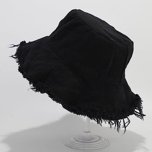 Quanhaigou Frayed Unisex Sun Hats, Fashion Beach Bucket Hat for Men Women,Summer Outdoor Boy's Girls Boonie Cap - color: Frayed Black