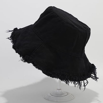 Quanhaigou Frayed Unisex Sun Hats, Fashion Beach Bucket Hat for Men Women,Summer Outdoor Boy's Girls Boonie Cap - color: Frayed Black