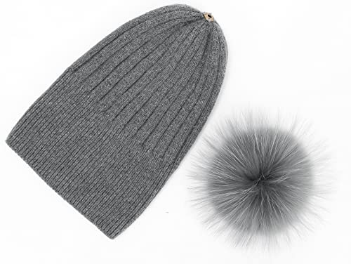 Women Real Fur Pom Pom Winter Ribbed Cuffed Knit Beanie Hat - color: Darkgrey 3
