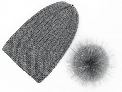 Women Real Fur Pom Pom Winter Ribbed Cuffed Knit Beanie Hat - color: Darkgrey 3