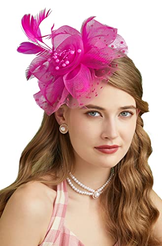Fascinators Hat for Women Tea Party Headband Kentucky Derby Wedding Flower Cocktail Mesh Feathers Hair Clip - color: 1-fushia