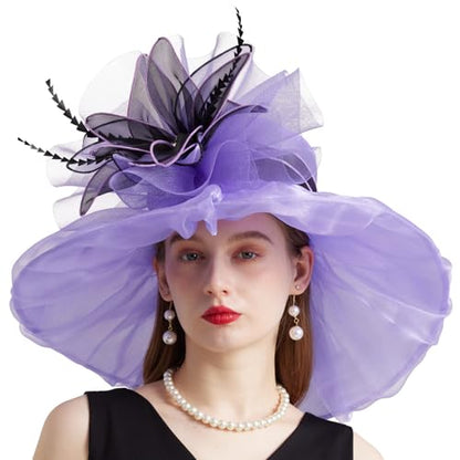 Women Organza Church Derby Hat Wide Brim Sun Caps for Wedding Tea Party Hat with Detachable hat Flower as Headgear - color: 10-purple