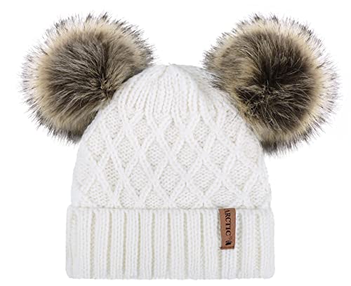 Arctic Paw Womens Winter Hat Cable Knit Beanie for Women Faux Fur Pompom Ears - color: White_grid