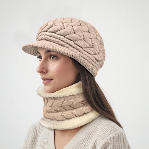 Loritta 3 in 1 Womens Winter Hat Gloves Scarf Set, Warm Hat Mittens - color: Khaki