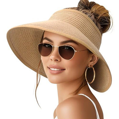 NPQQUAN Sun Visor Hats for Women Wide Brim Ponytail Straw Beach Hat - color: (Khaki))