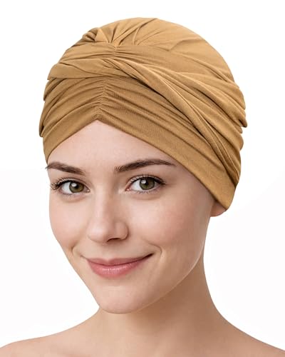 CAPLORD Head Cover for Women – Pre-Tied Turban Wrap | Chemo Headwear for Cancer, Hair Loss & Alopecia | Skull Cap Beanie Hat - color: Camel