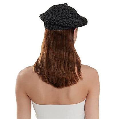 Straw Beret Summer French Beret Hats for Women Artist Crochet Beret - color: Black
