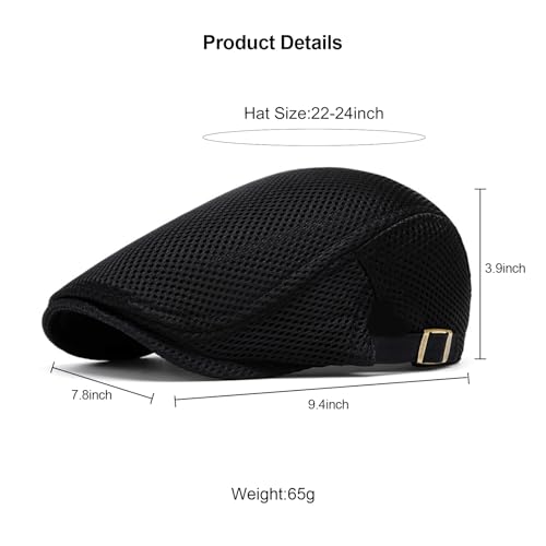 Mens Mesh Cap Flat Ivy Gatsby Newsboy Beret Driving Hat Adjustable Breathable Summer Hats - color: Black