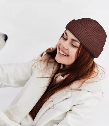 ROYBENS Swag Wool Knit Cuff Short Fisherman Beanie for Men Women Winter Hat - color: 1pcs-dark Coffee-thick Double Layer