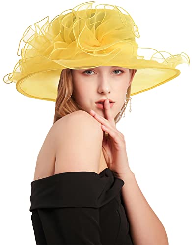 Women's Kentucky Derby Church Dress Hat Wide Brim Leaf Flower Bridal Shower Hat - color: G7 Yellow