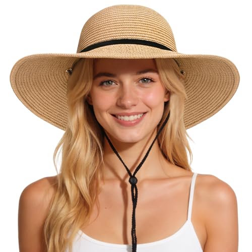 Sun Hats for Women, Summer Wide Brim Straw Beach Hat - color: Khaki, size: Large