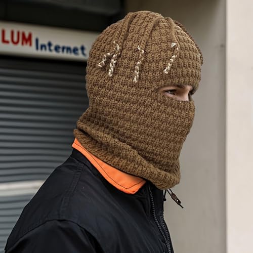 CLAPE Distressed Balaclava for Men, Funny Knitted Ski Motorcycle Mask Distressed Winter Windproof Snow Full Face Cover Mask - color: Khwb2401-khaki