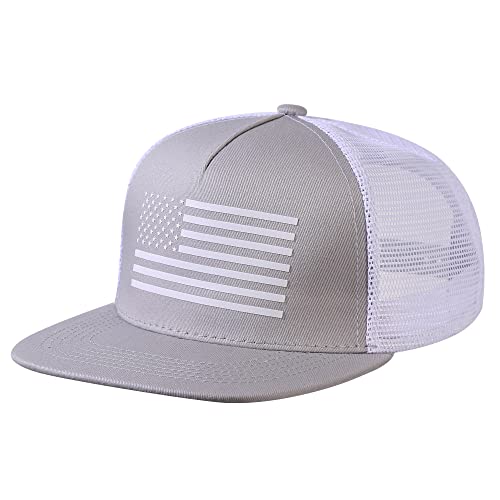 UALON Baseball Cap, Snapback Trucker Hat for Men & Women with American Flag and Adjustable, Breathable Mesh, Flat Bill Hats - color: Gray/White
