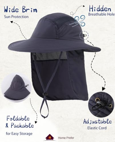 Home Prefer UPF 50+ Sun Hat with Neck Flap Wide Brim Fishing Hat for Men - color: Ink