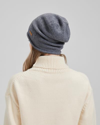 100% Merino Wool Slouchy Beanie Hat, Women Warm Winter Caps Soft, Ladies Breathable & Cozy Stretchy Knitted Skull Cap - color: Grey