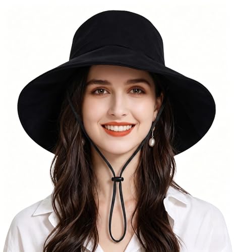 Womens Foldable Shapeable Brim Sun Hat UPF 50+ Cotton Wide Brim Beach Adjustable Chin Strap Hat Sun Protection Cap - color: Z2-black