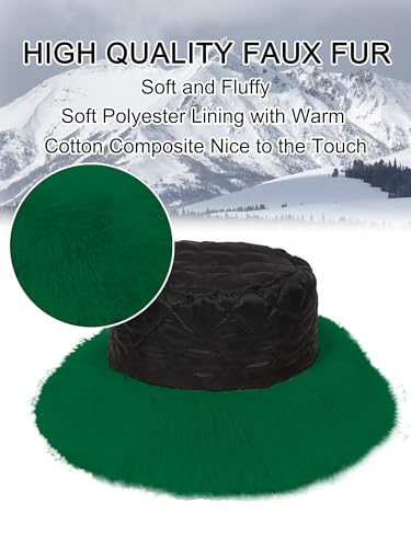 LA CARRIE Women's Fuzzy Wide Brim Faux Fur Bucket Hat Winter Fisherman Cap - color: Green